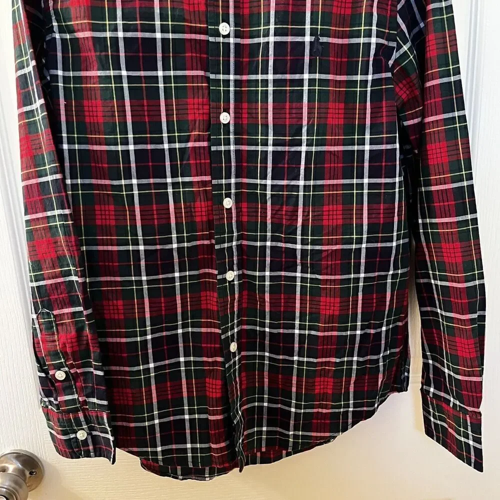 Ralph Lauren Red Green Navy Plaid Button Up Shirt Cotton Boys Size Large 14-16